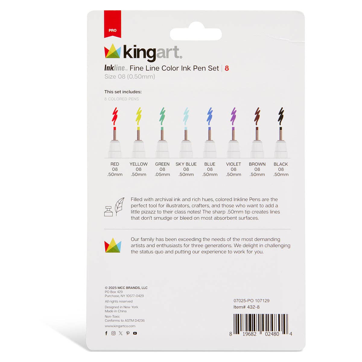 Inkline™ PRO Fine Line Archival Ink Pens - Size 8 - 8 Colors
