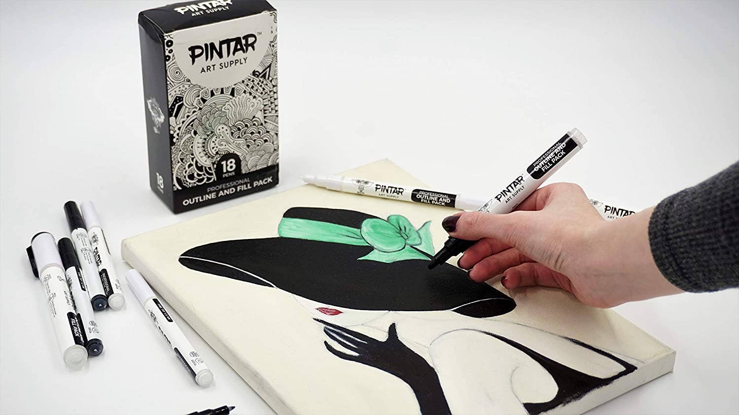 PINTAR Art Supply Professional Outline & Fill Pack - Set of 18 Black/White Paint Markers (6) 0.7mm (6) 1mm (6) 5mm Tips - Smooth-Flowing Japanese Ink