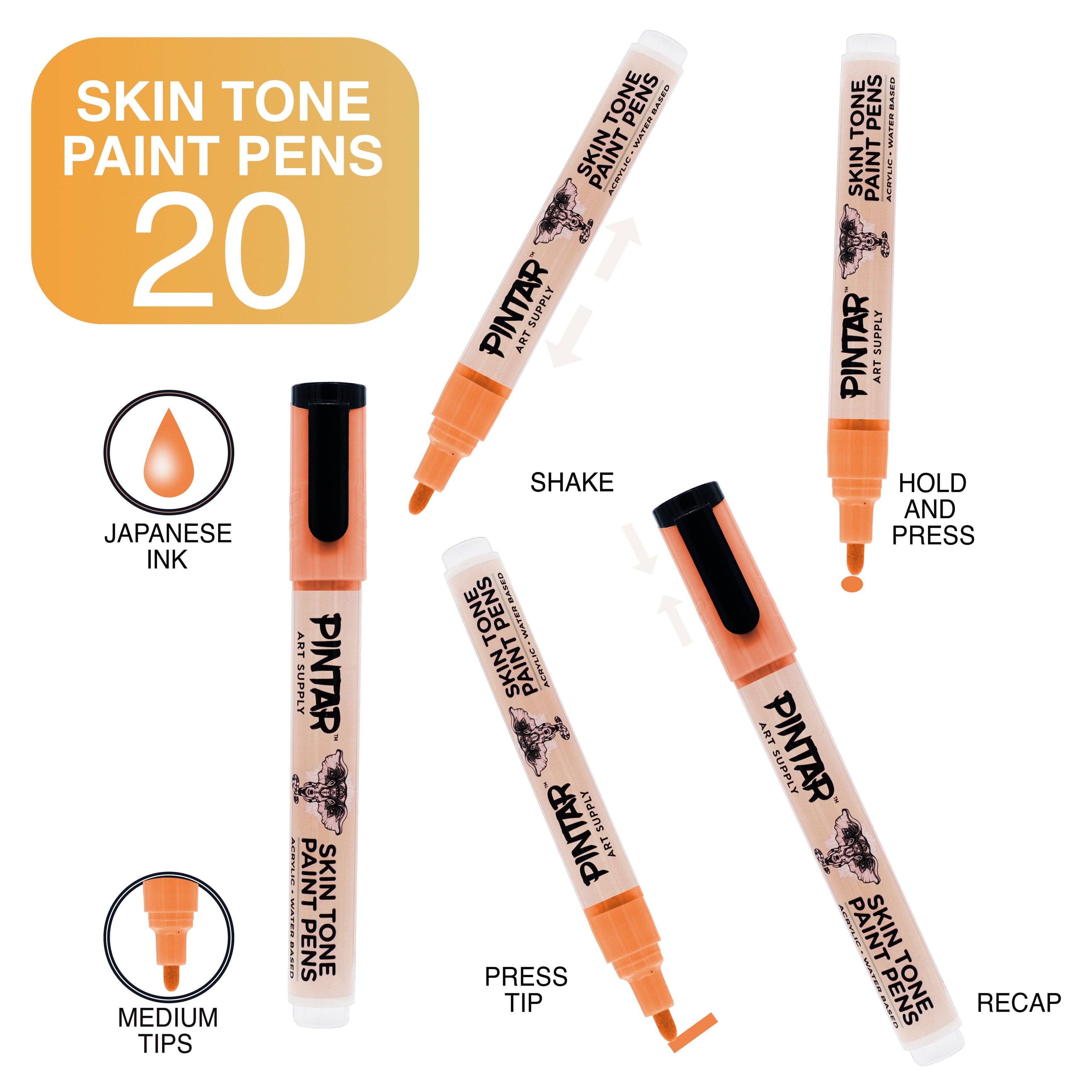 Pintar Skin Tone Paint Pens and Water-Based Marker 20 Pack Set | 5.0MM Medium Tip for Outlining, Painting, Drawing on Rocks, Canvas, Tiles, Non-Stick Surfaces | Quick Dry Action Markers