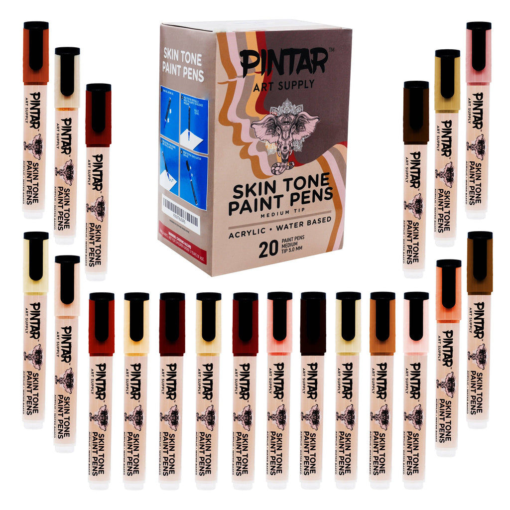 Pintar Skin Tone Paint Pens and Water-Based Marker 20 Pack Set | 5.0MM Medium Tip for Outlining, Painting, Drawing on Rocks, Canvas, Tiles, Non-Stick Surfaces | Quick Dry Action Markers
