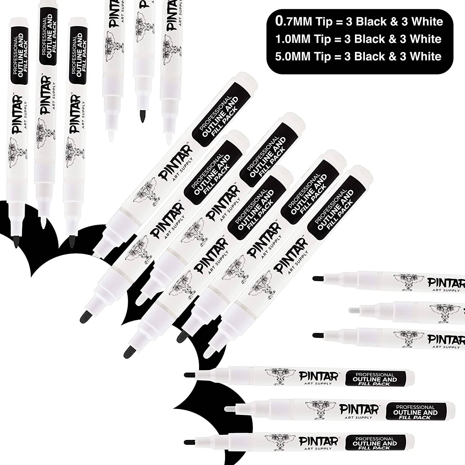 PINTAR Art Supply Professional Outline & Fill Pack - Set of 18 Black/White Paint Markers (6) 0.7mm (6) 1mm (6) 5mm Tips - Smooth-Flowing Japanese Ink